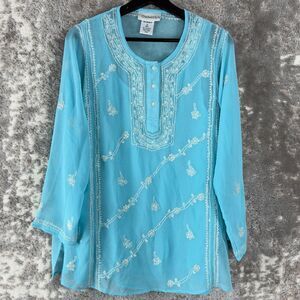 Chadwicks Size 6 Floral 2PC Semi Sheer Top Blue Long Sleeve Button Casual Shirt